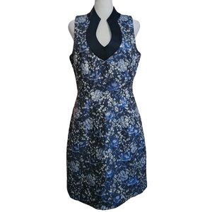 Badgley Mischka Size 8 Navy Blue Silver Floral Sheath Kurstin Dress w/ Pockets